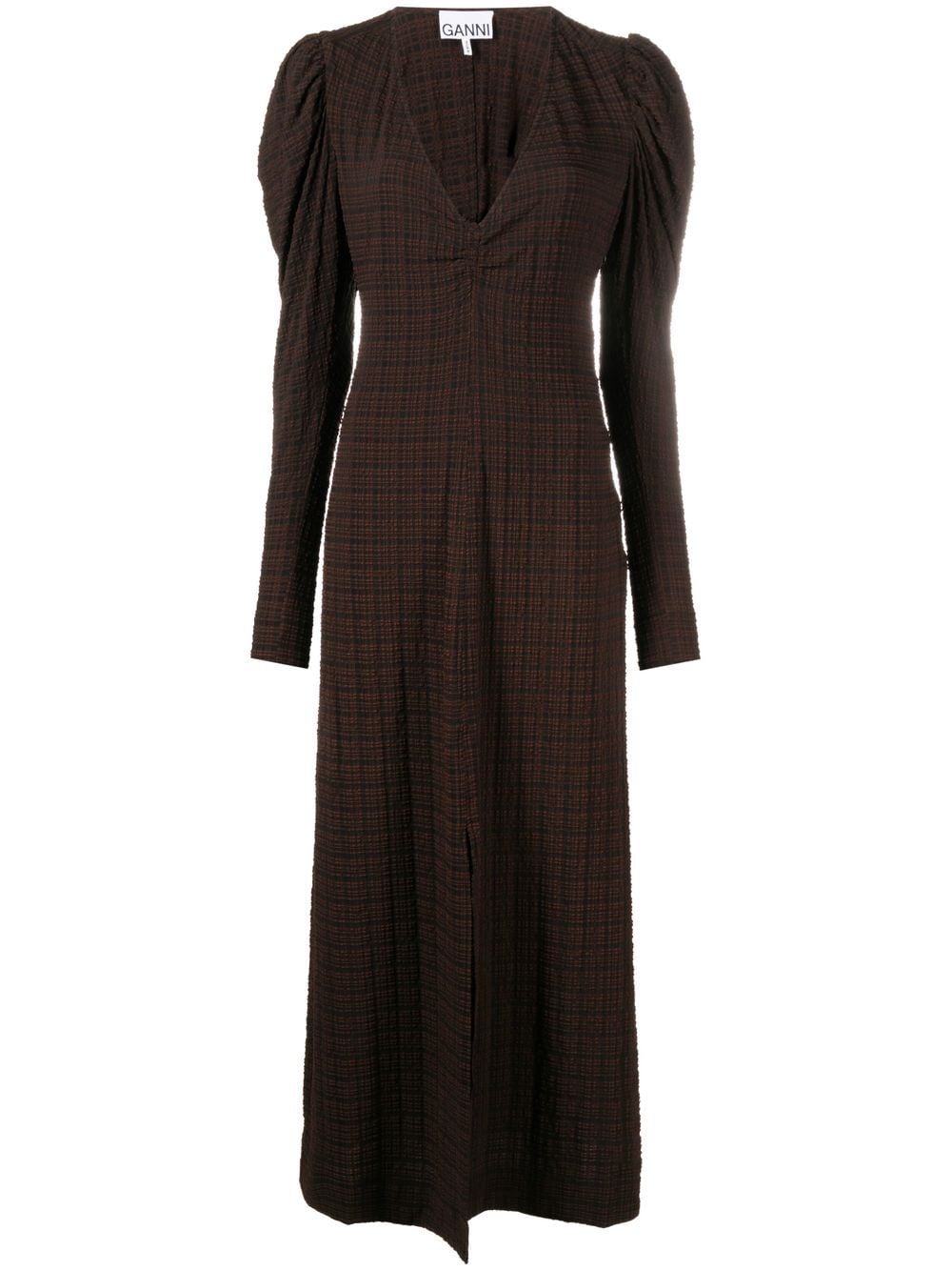 GANNI checked puff sleeve dress - Brown von GANNI