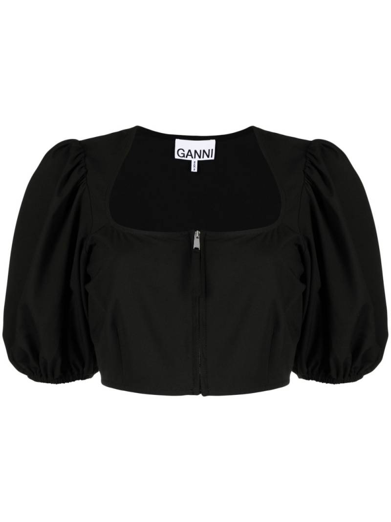 GANNI cropped puff-sleeve blouse - Black von GANNI