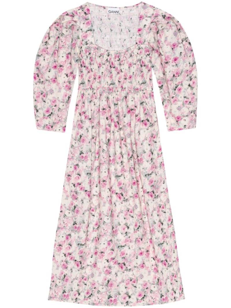 GANNI floral-print puff-sleeves midi dress - Pink von GANNI