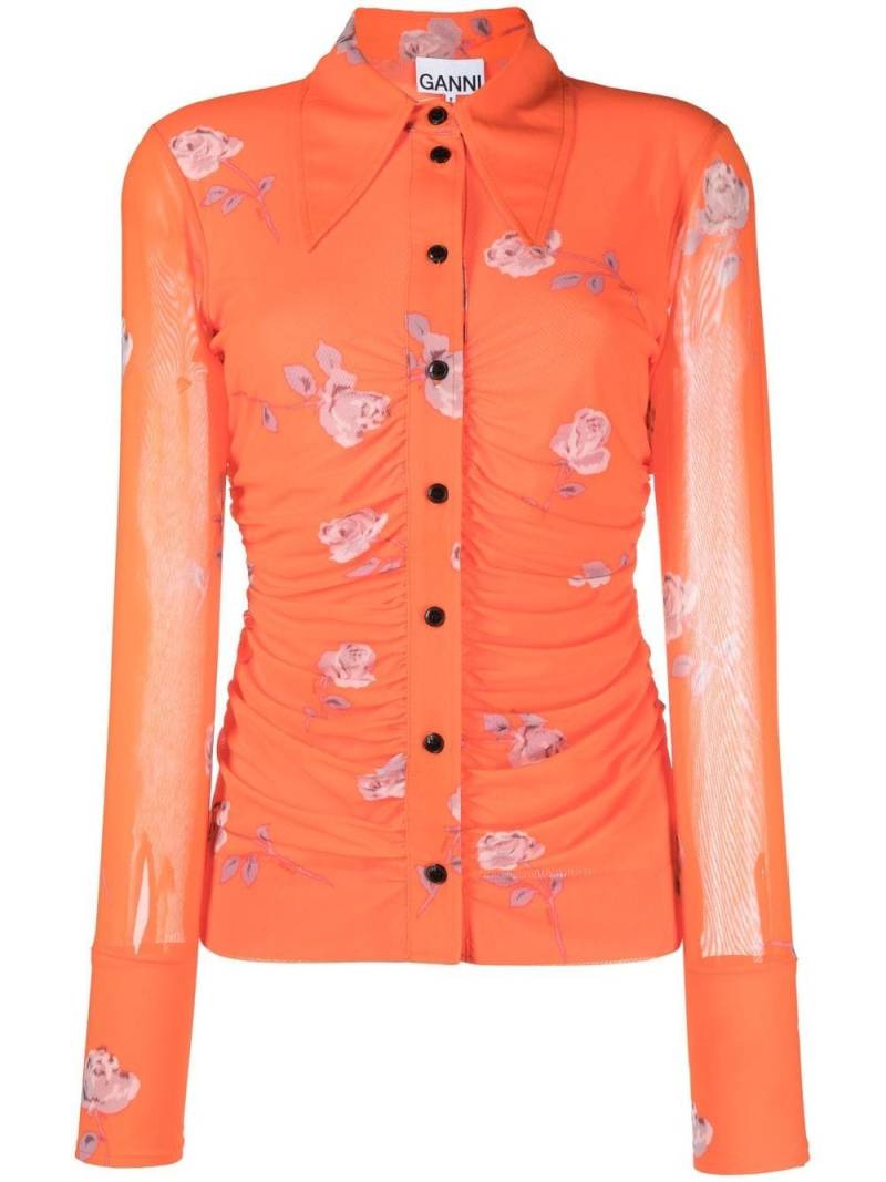GANNI floral-print ruched shirt - Orange von GANNI