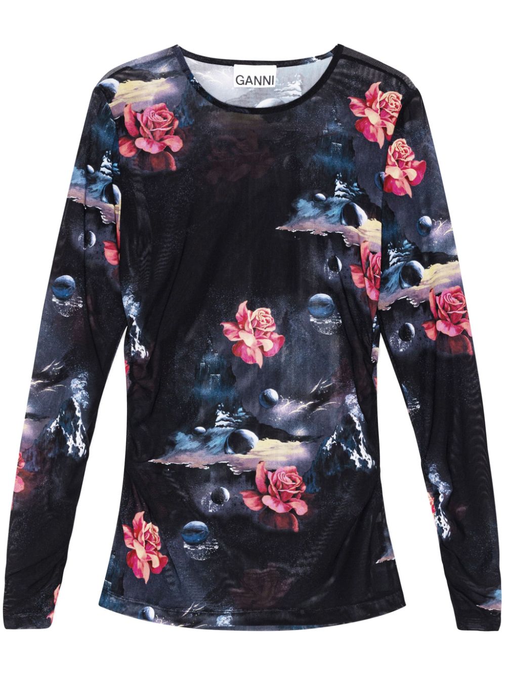 GANNI floral-print semi-sheer top - Black von GANNI