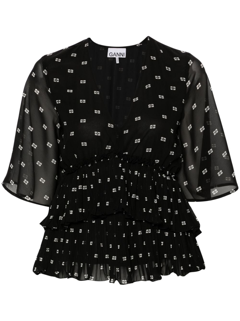 GANNI graphic-print V-neck pleated blouse - Black von GANNI