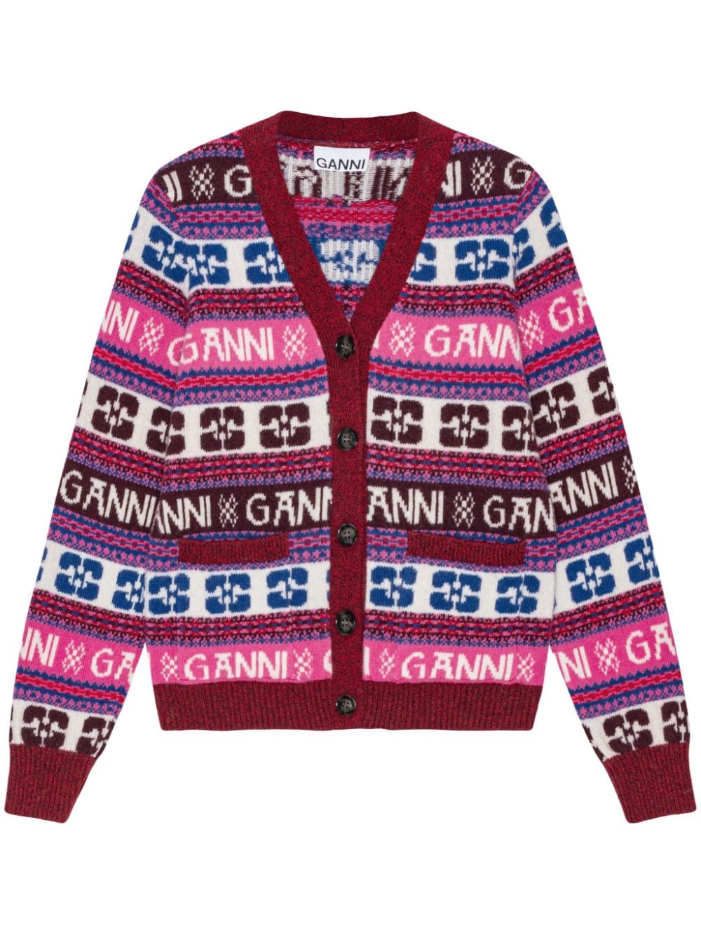 GANNI intarsia-logo V-neck cardigan - Red von GANNI