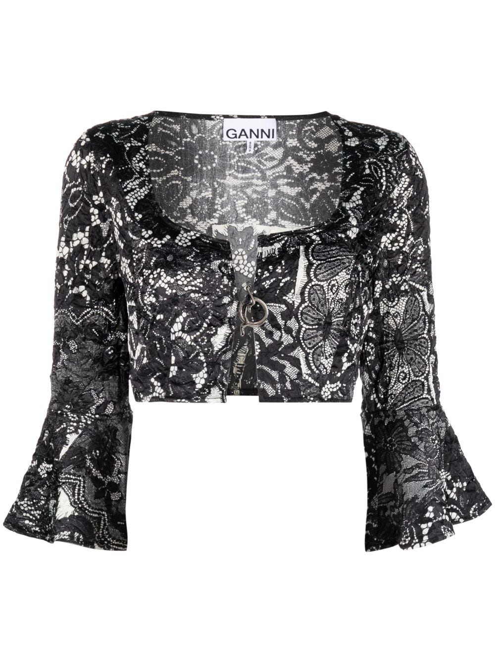 GANNI lace-print cropped blouse - Black von GANNI