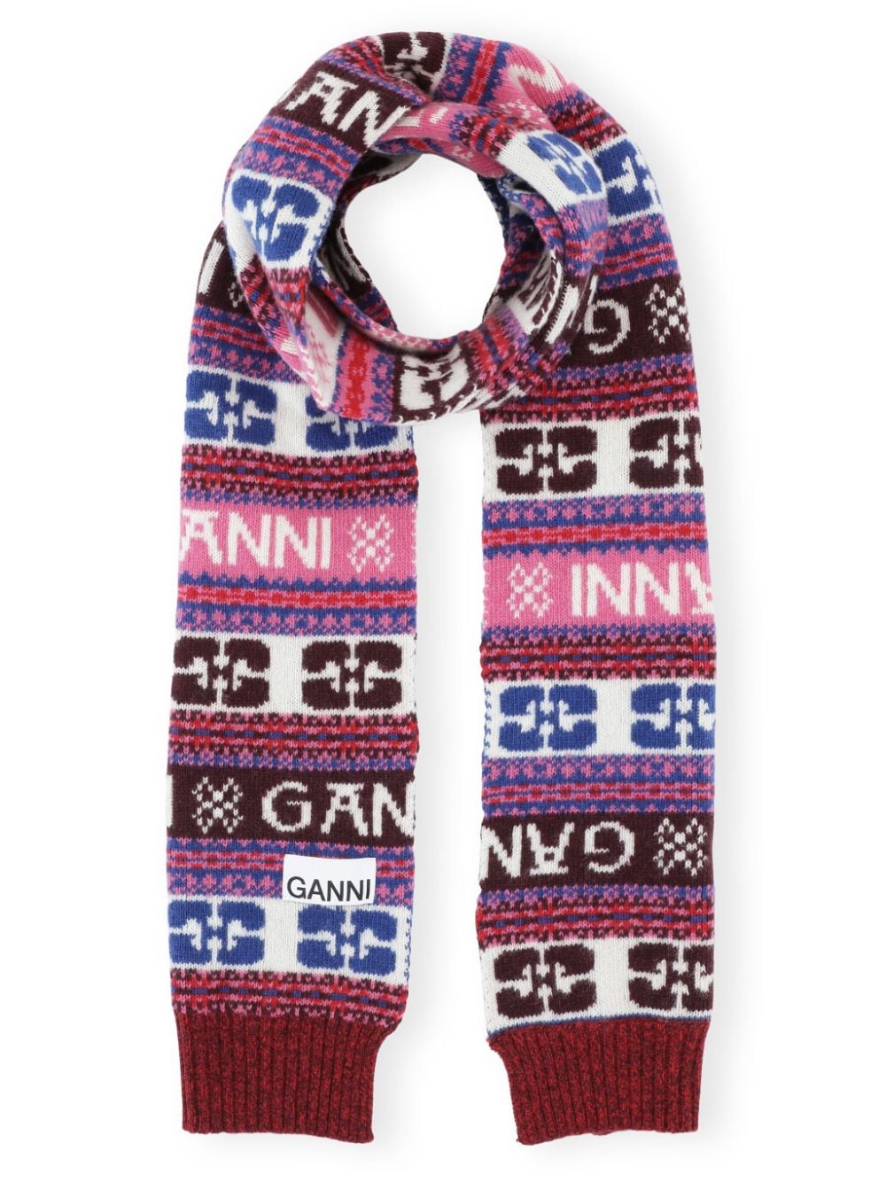 GANNI logo-appliqué patterned-intarsia scarf - Red von GANNI
