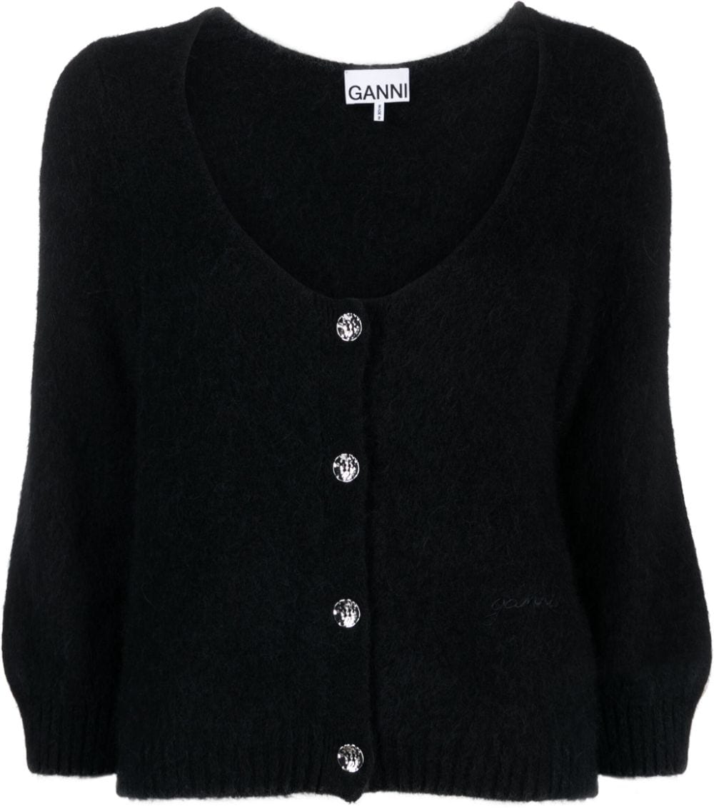 GANNI logo-embroidered brushed cardigan - Black von GANNI