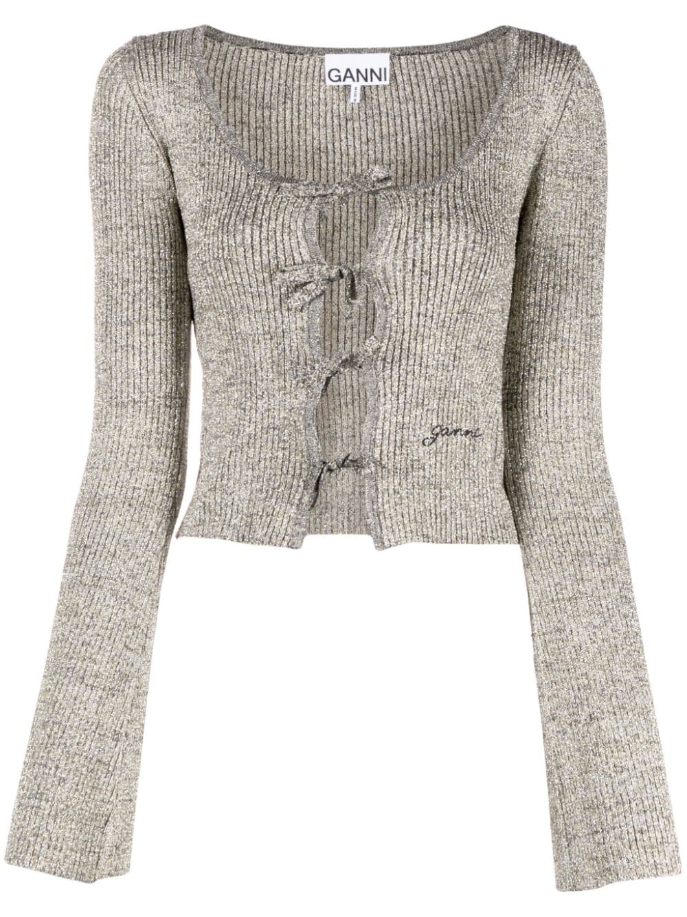 GANNI logo-embroidered lurex-knit cardigan - Silver von GANNI