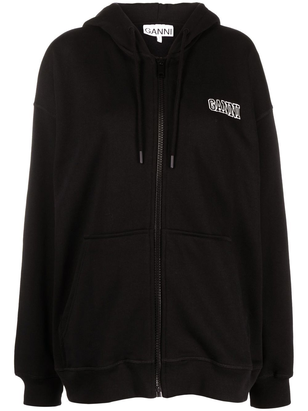 GANNI logo-embroidered zipped hoodie - Black von GANNI