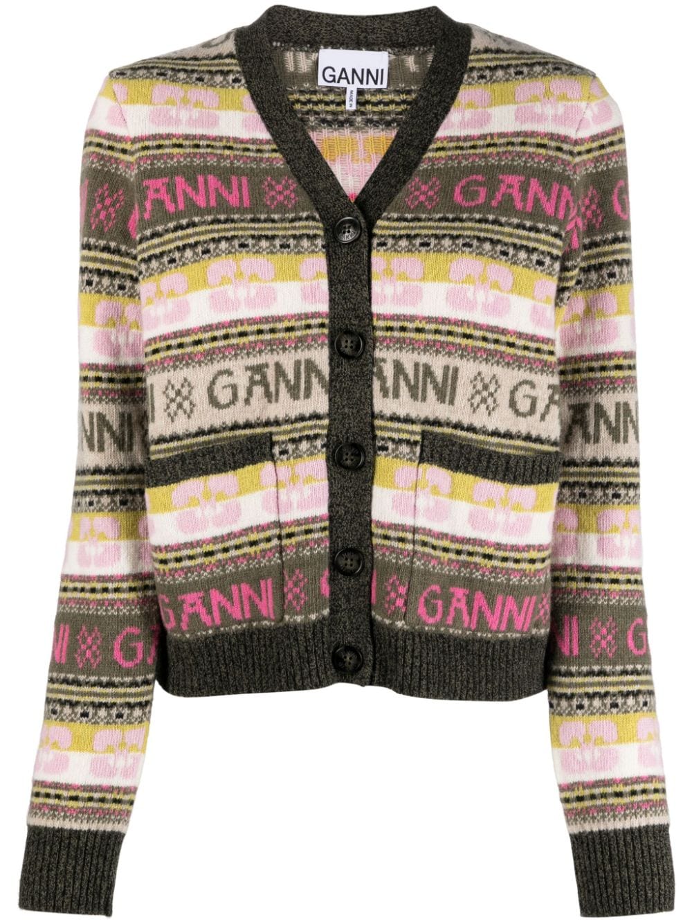 GANNI logo intarsia-knit V-neck cardigan - Green von GANNI