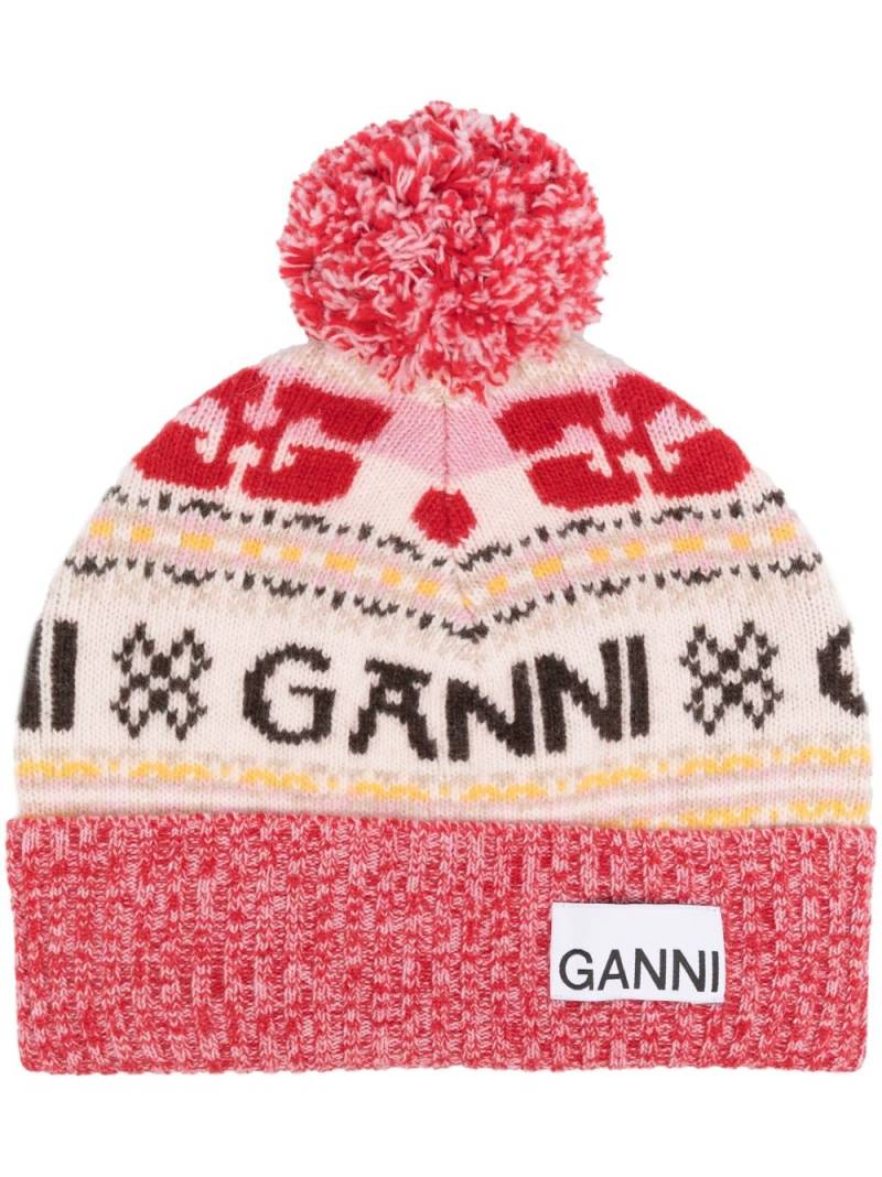 GANNI logo-patch intarsia-knit beanie - Pink von GANNI