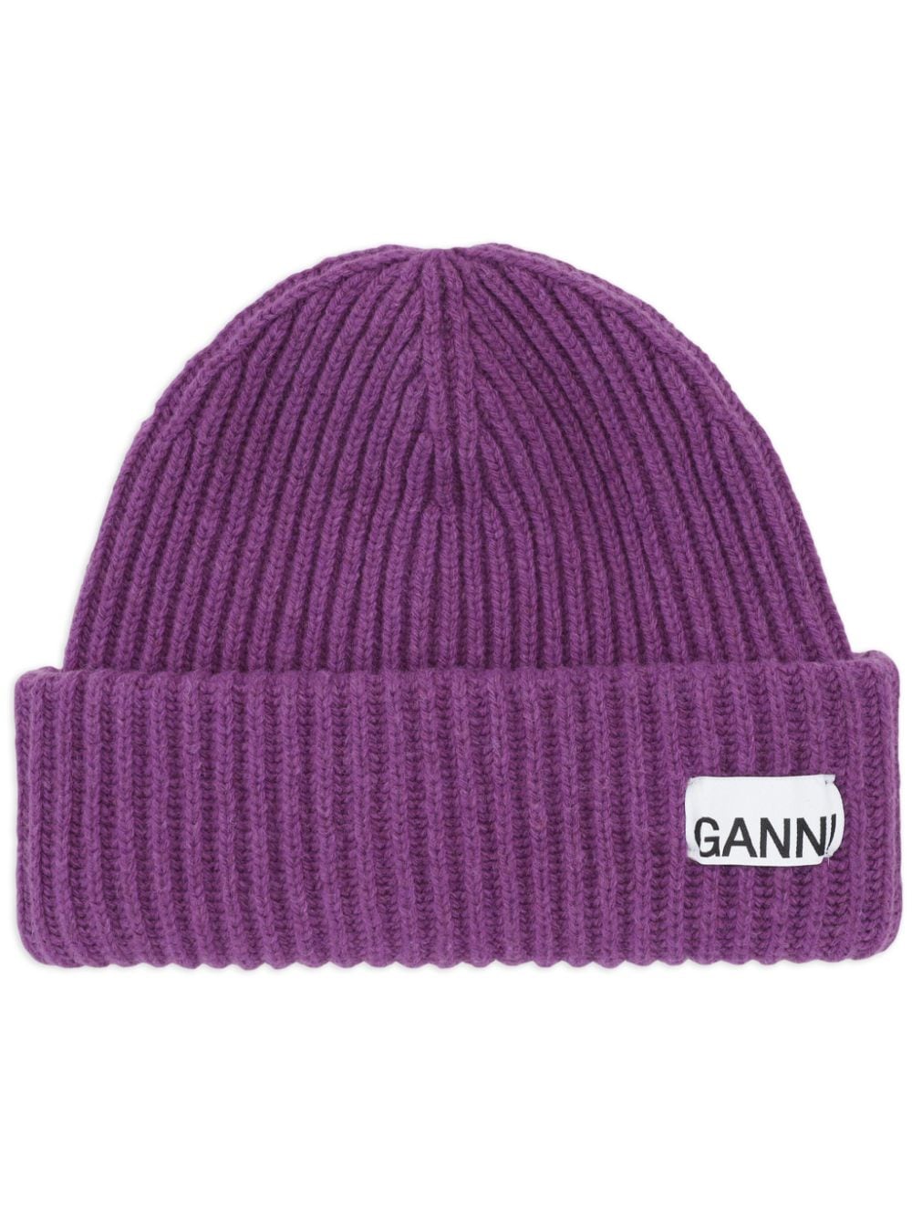 GANNI logo-patch ribbed-knit beanie - Purple von GANNI