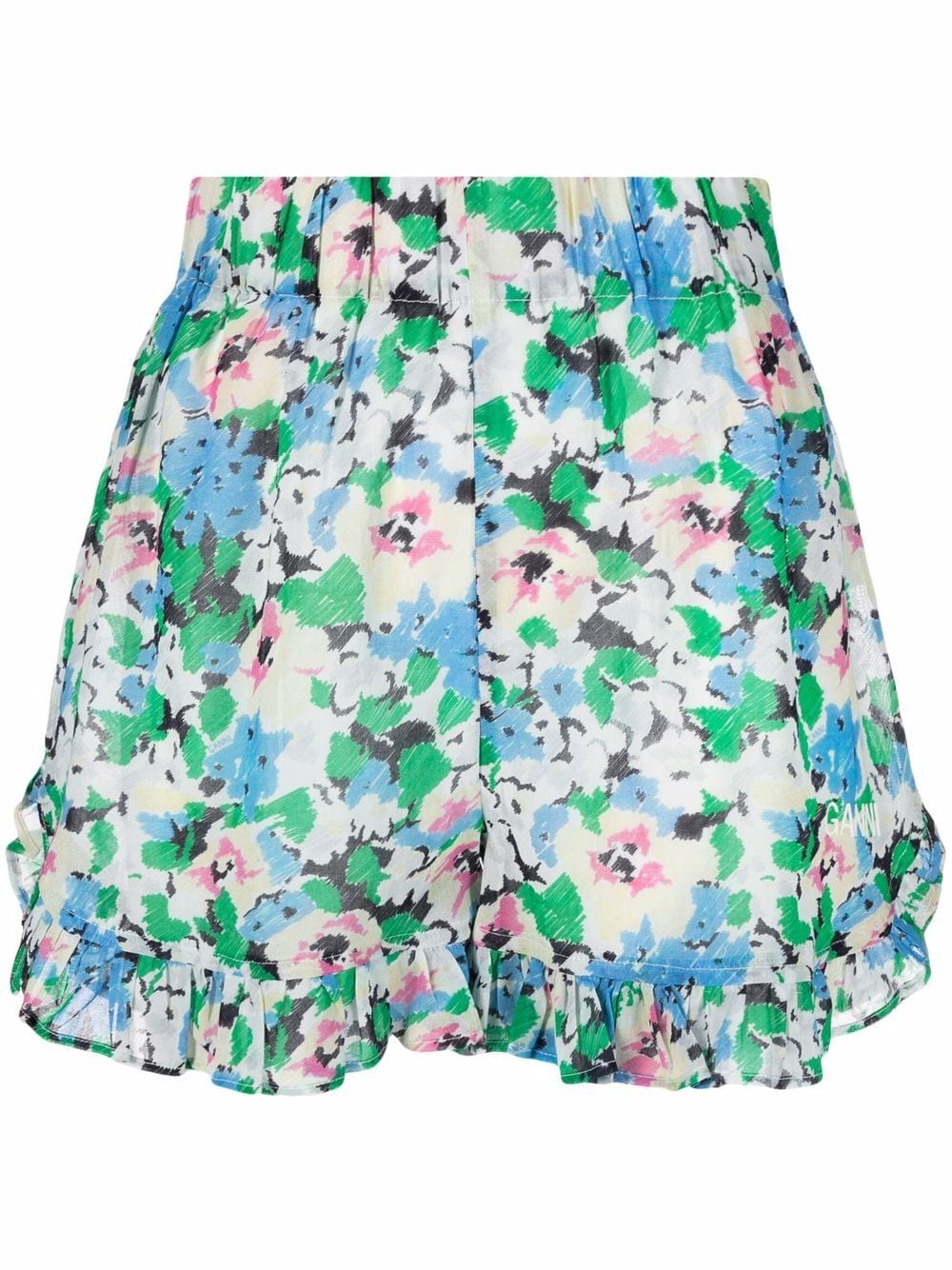 GANNI ruffle-trim floral shorts - Blue von GANNI