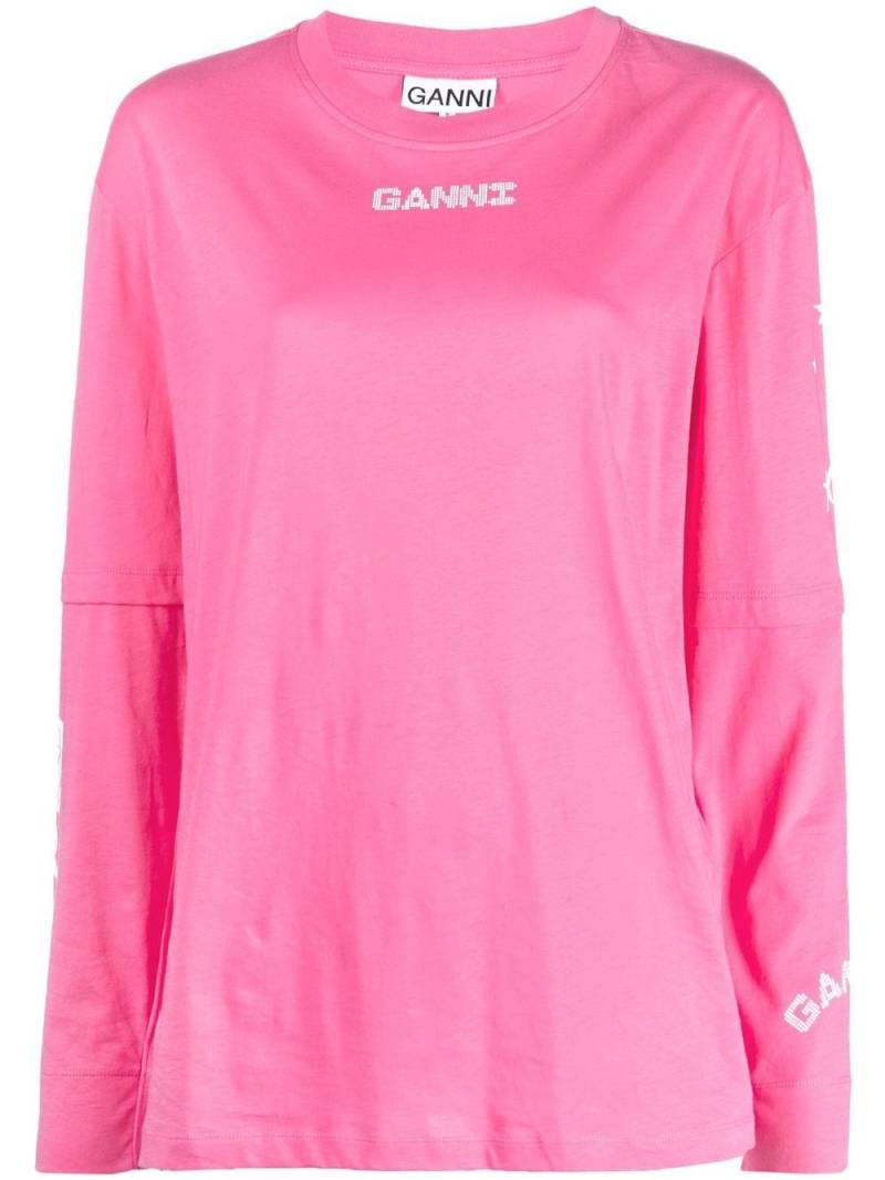 GANNI slogan-print long-sleeve T-shirt - Pink von GANNI