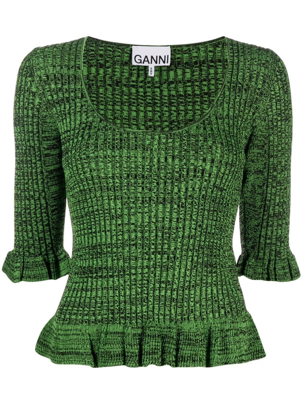 GANNI speckle ribbed-knit ruffled top - Green von GANNI