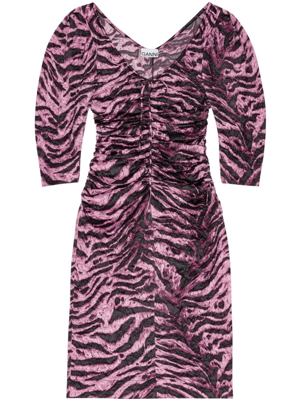 GANNI tiger-print crinkled midi dress - Pink von GANNI