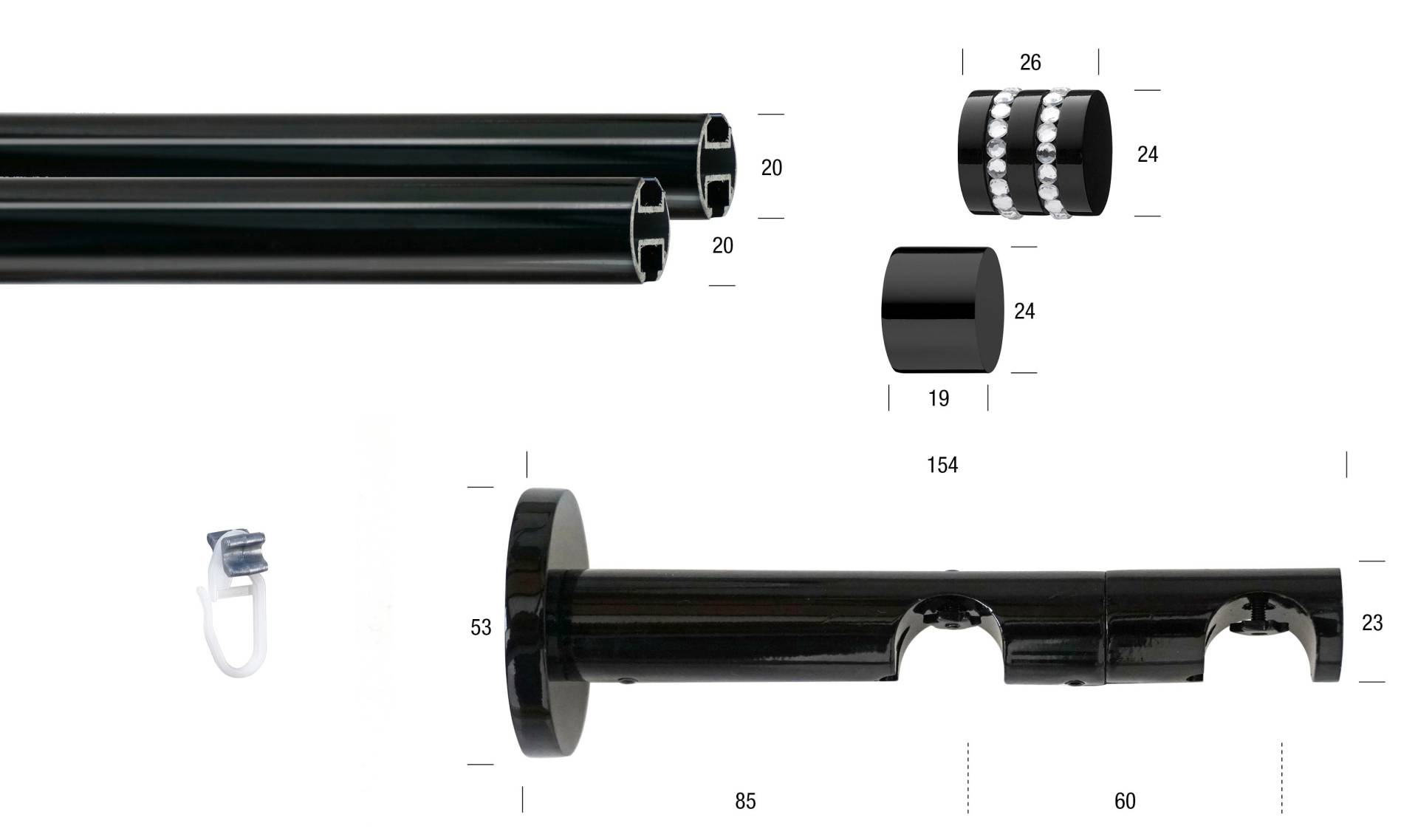 GARESA Gardinenstange »BLACK«, 2 läufig-läufig, Wunschmasslänge, Vorhanggarnitur, Innenlauf, verlängerbar, Endknopf mit Glitzersteinen GARESA Gardinenstange »BLACK«, 2 läufig-läufig, Wunschmasslänge, Vorhanggarnitur, Innenlauf, verlängerbar, Endknopf mit Glitzersteinen von GARESA