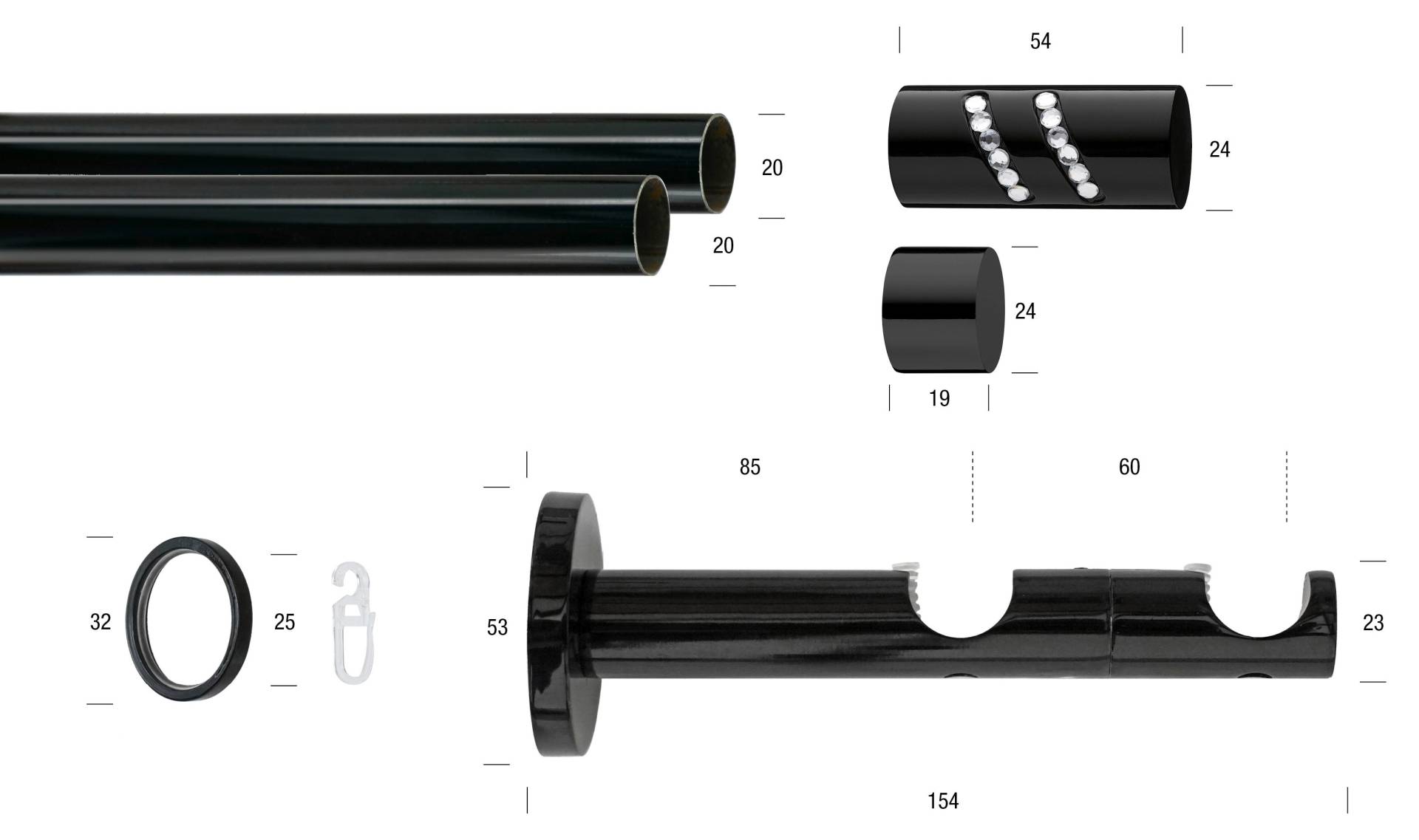 GARESA Gardinenstange »BLACK«, 2 läufig-läufig, Wunschmasslänge, Vorhanggarnitur, verlängerbar, Endknopf mit Glitzersteinen GARESA Gardinenstange »BLACK«, 2 läufig-läufig, Wunschmasslänge, Vorhanggarnitur, verlängerbar, Endknopf mit Glitzersteinen von GARESA