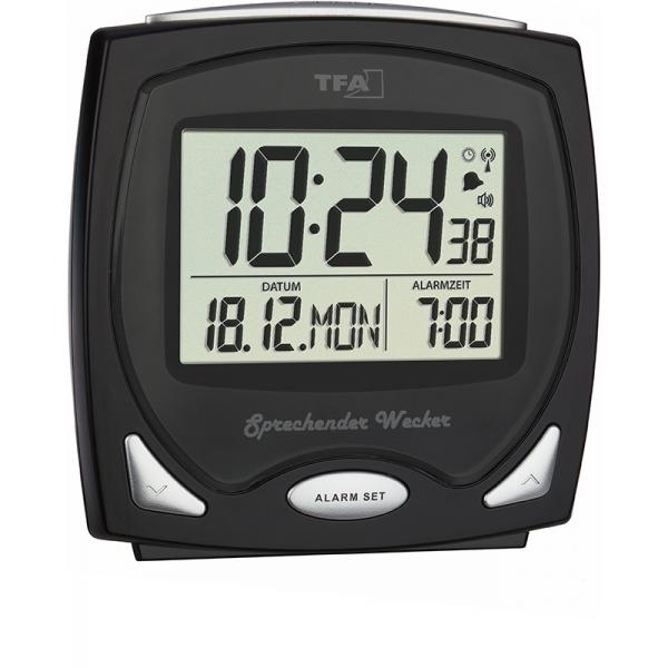 TFA Sprechender Funk-Wecker, LCD Tischuhr schwarz von GERMAN CLOCKS