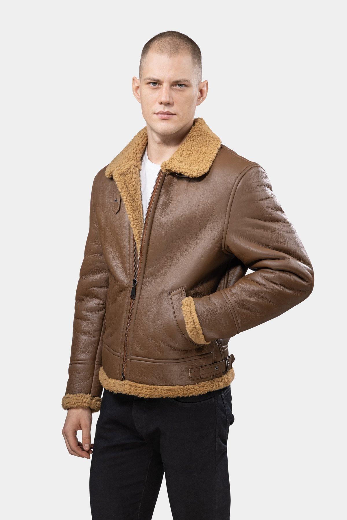 Lammfell Aviator B3 Lederjacke - Camel Herren Light Beige L von GÖTTIG.