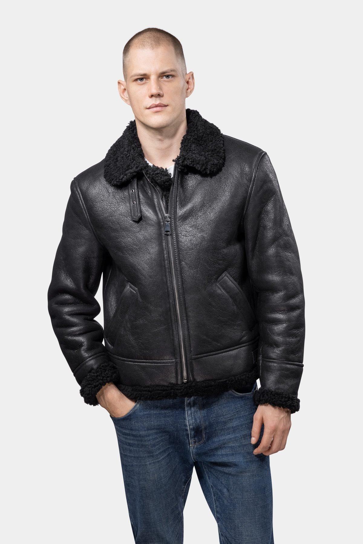 Lammfell Aviator B3 Lederjacke - Schwarz Herren Schwarz XXL von GÖTTIG.