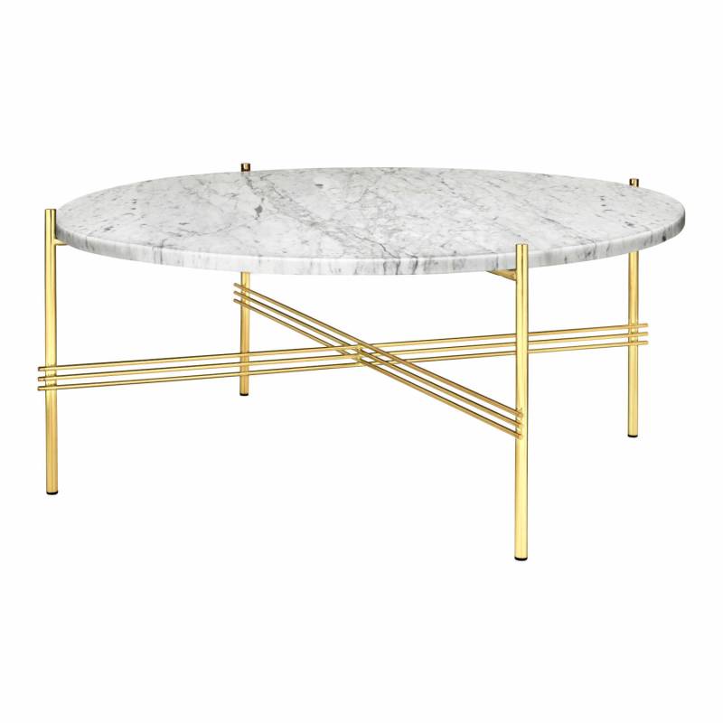 TS Coffee Table Round Couchtisch, Grösse ø 80 cm, Tischplatte travertine, warm taupe, Untergestell stahl, brass von GUBI