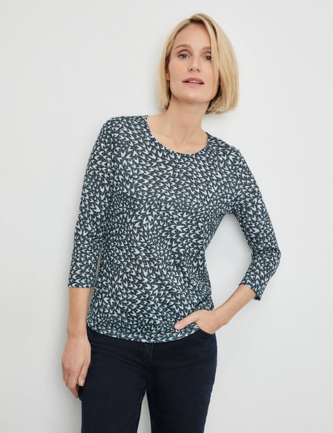 GERRY WEBER Damen 3/4 Arm Shirt in Ausbrenner-Qualität 64cm Rundhals Blau gemustert von Gerry Weber