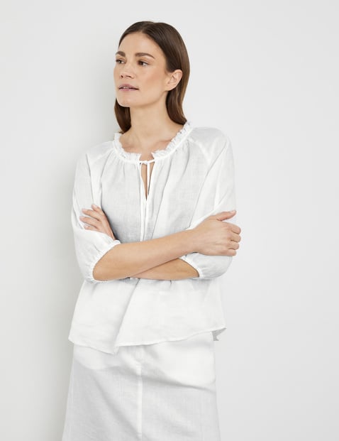 GERRY WEBER Damen 3/4 Arm Bluse mit Rüschenkragen 64cm Offener Kragen Leinen Weiss von Gerry Weber