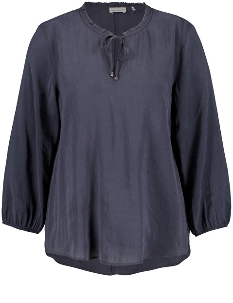 GERRY WEBER Damen 3/4 Arm Bluse mit feinem Rüschenausschnitt Modal 68 cm Rundhals unifarben Blau von Gerry Weber