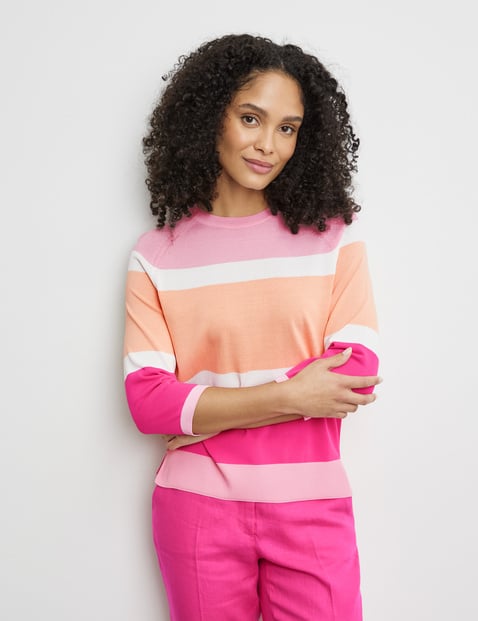 GERRY WEBER Damen 3/4 Arm Pullover mit Colourblocking Rundhals Viskose Pink gestreift von Gerry Weber