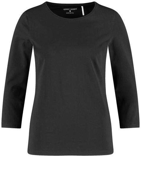 GERRY WEBER Damen 3/4 Arm Shirt mit Satinblende Baumwolle 64 cm Rundhals unifarben Schwarz von Gerry Weber