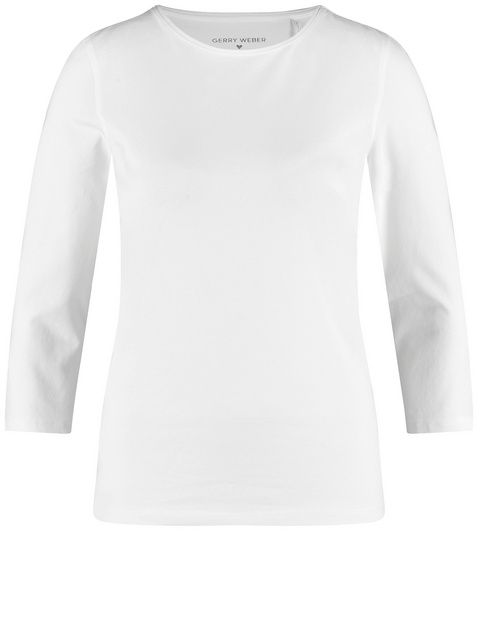 GERRY WEBER Damen 3/4 Arm Shirt mit Satinblende Baumwolle 64 cm Rundhals unifarben Weiss von Gerry Weber