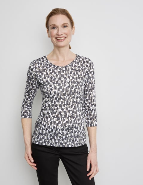 GERRY WEBER Damen 3/4 Arm Shirt mit Ausbrenner-Optik 64cm V-Ausschnitt Grau gepunktet von Gerry Weber