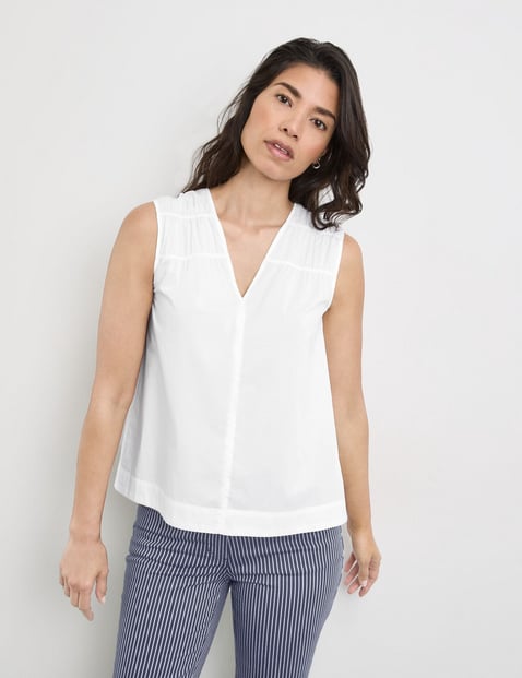 GERRY WEBER Damen Ärmellose Baumwollbluse mit Raffung 62cm V-Ausschnitt Weiss von Gerry Weber