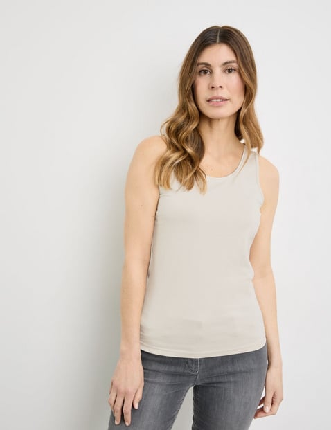 GERRY WEBER Damen Basic Top nachhaltigem Baumwoll-Stretch 62cm Ärmellos Rundhals Baumwolle Beige von Gerry Weber