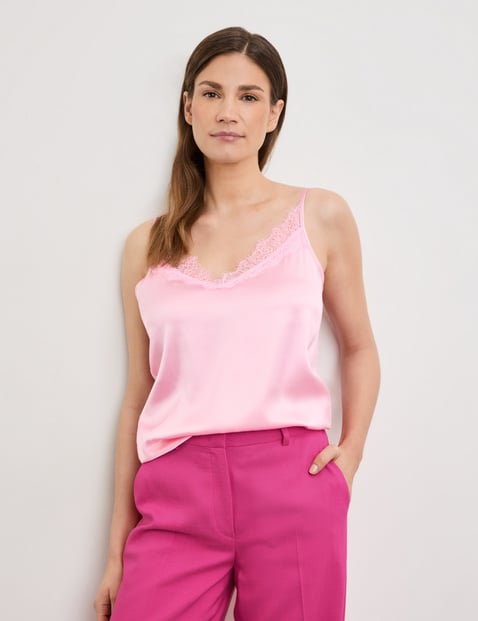 GERRY WEBER Damen Fließendes Top mit Spitzenbesatz 62cm Ärmellos V-Ausschnitt Baumwolle Pink von Gerry Weber