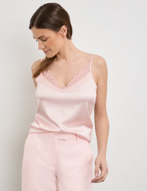 GERRY WEBER Damen Fließendes Top mit Spitzenbesatz 62cm Ärmellos V-Ausschnitt Baumwolle Pink von Gerry Weber