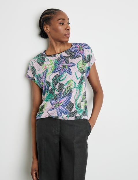 GERRY WEBER Damen Floral gemustertes Shirt mit Ausbrenner-Qualität 60cm Kurzarm Rundhals Mehrfarbig von Gerry Weber