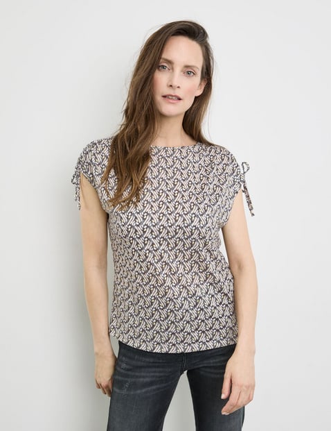 GERRY WEBER Damen Gemustertes Kurzarmshirt mit Raffung 64cm Rundhals Mehrfarbig gemustert von Gerry Weber