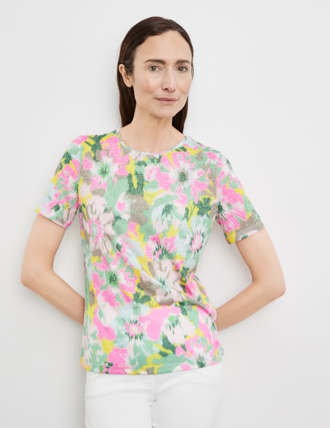 GERRY WEBER Damen Gemustertes T-Shirt in Ausbrenner-Qualität 64cm Kurzarm Rundhals Mehrfarbig gemustert von Gerry Weber