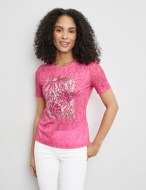 GERRY WEBER Damen Gemustertes T-Shirt mit Frontprint 64cm Kurzarm Rundhals Pink gemustert von Gerry Weber