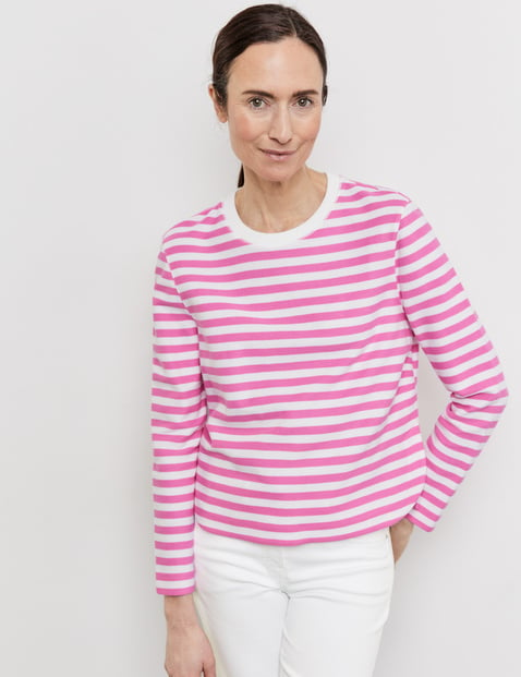 GERRY WEBER Damen Gestreiftes Langarmshirt 58cm Rundhals Baumwolle Pink gestreift von Gerry Weber
