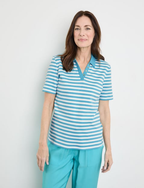 GERRY WEBER Damen Gestreiftes Poloshirt aus nachhaltiger Baumwolle 64cm Kurzarm Hemdkragen Blau gestreift von Gerry Weber