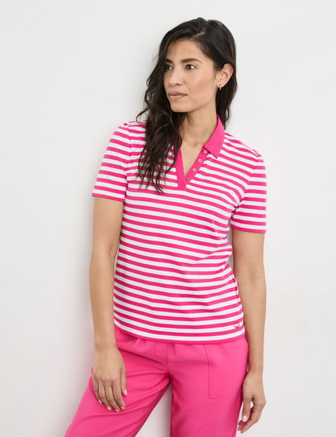 GERRY WEBER Damen Gestreiftes Poloshirt aus nachhaltiger Baumwolle 64cm Kurzarm Hemdkragen Pink gestreift von Gerry Weber