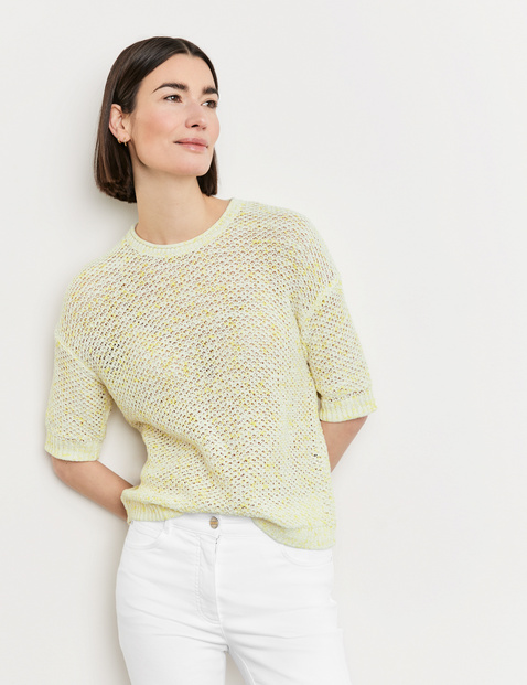 GERRY WEBER Damen Halbarm-Pullover in Lochstrick Kurzarm|Breite Rippenbündchen Baumwolle, Gelb von Gerry Weber