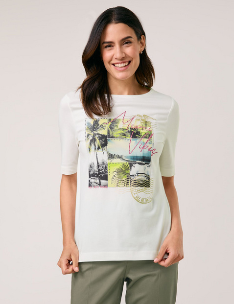 GERRY WEBER Damen Halbarmshirt mit Frontprint und Ziersteinchen Baumwolle 64 cm Shirt Rundhals Halber Arm unifarben Mehrfarbig von Gerry Weber