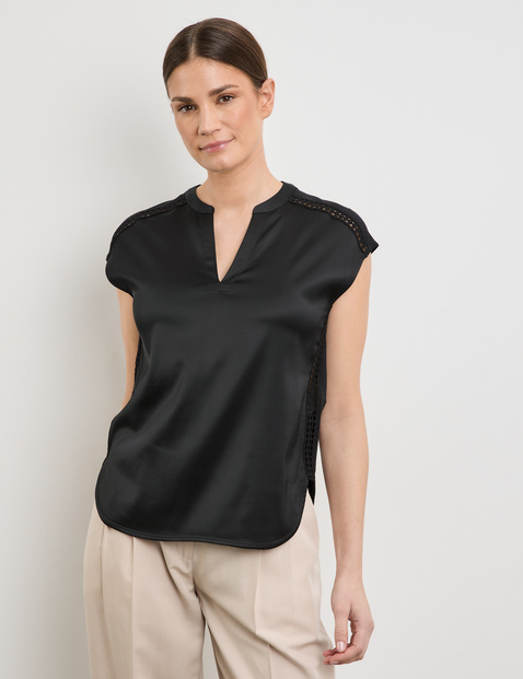 GERRY WEBER Damen Kurzarmshirt mit Häkeldetails Baumwolle 64 cm Shirt Rundhals unifarben Schwarz von Gerry Weber