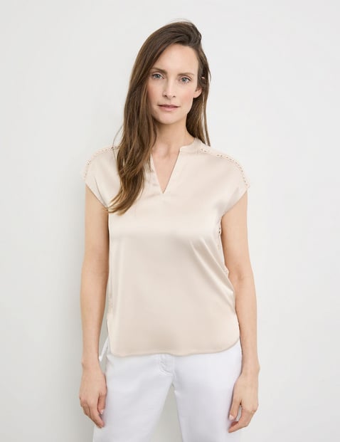 GERRY WEBER Damen Kurzarmshirt mit Häkeldetails 64cm Rundhals Beige von Gerry Weber