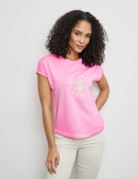 GERRY WEBER Damen Kurzarmshirt mit Wording-Print 62cm Rundhals Baumwolle Pink von Gerry Weber