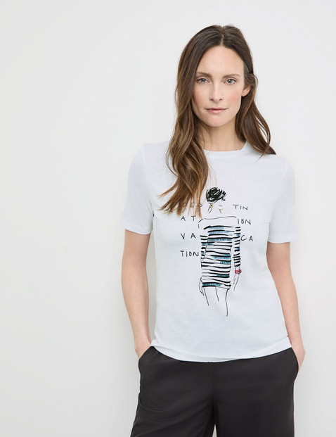 GERRY WEBER Damen Nachhaltiges T-Shirt mit Frontprint Baumwolle 64 cm Rundhals Kurzarm unifarben Weiss von Gerry Weber