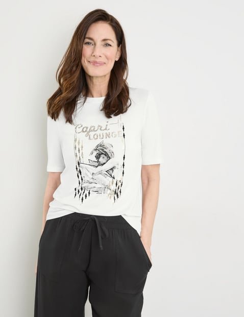 GERRY WEBER Damen Nachhaltiges T-Shirt mit Frontprint 64cm Kurzarm Rundhals Weiss von Gerry Weber